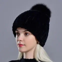 Knitted rabbit fur hat with pompom