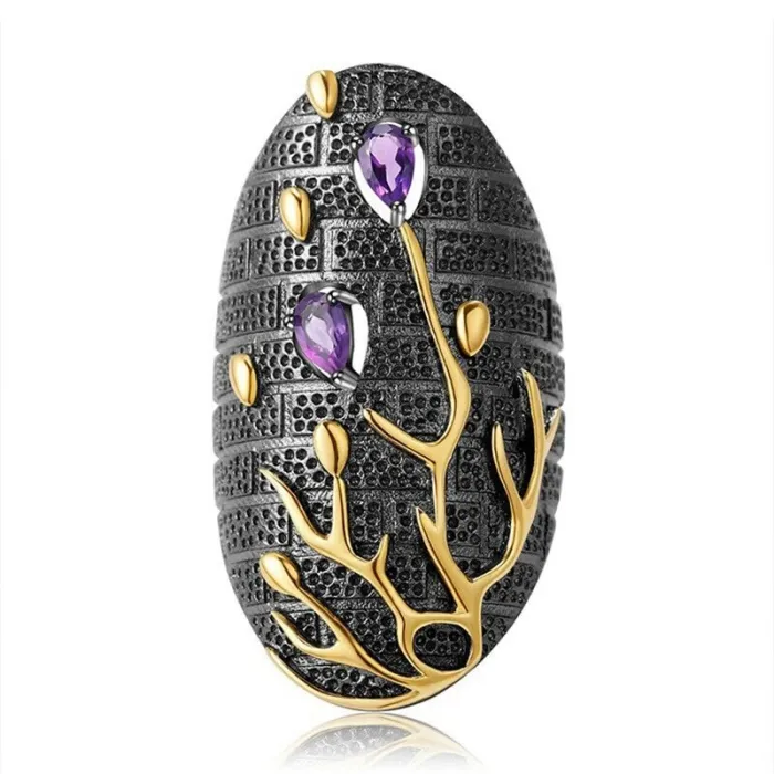 Vintage purple zircon - gold tree - ring