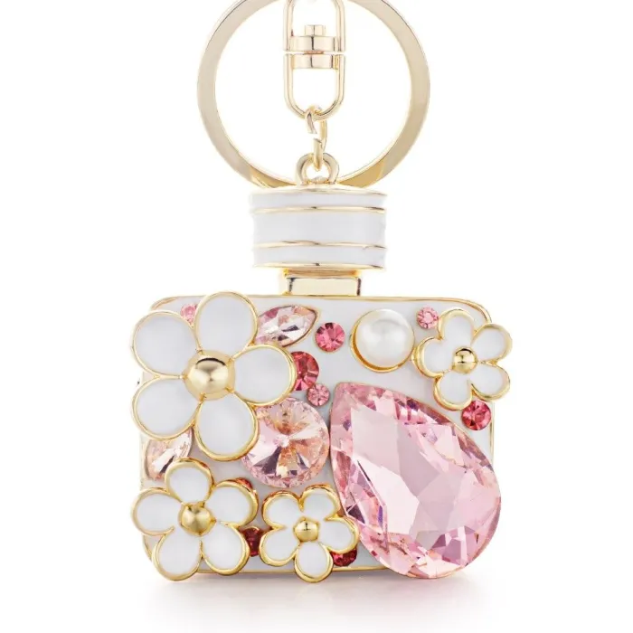 Perfume bottle with crystals and flowers - keychainKeyrings