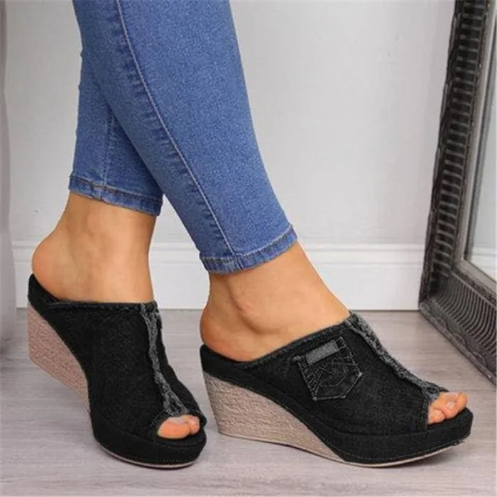 High Heels - Denim Slippers - Black - Blue