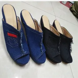 High Heels - Denim Slippers - Black - BlueHigh heels