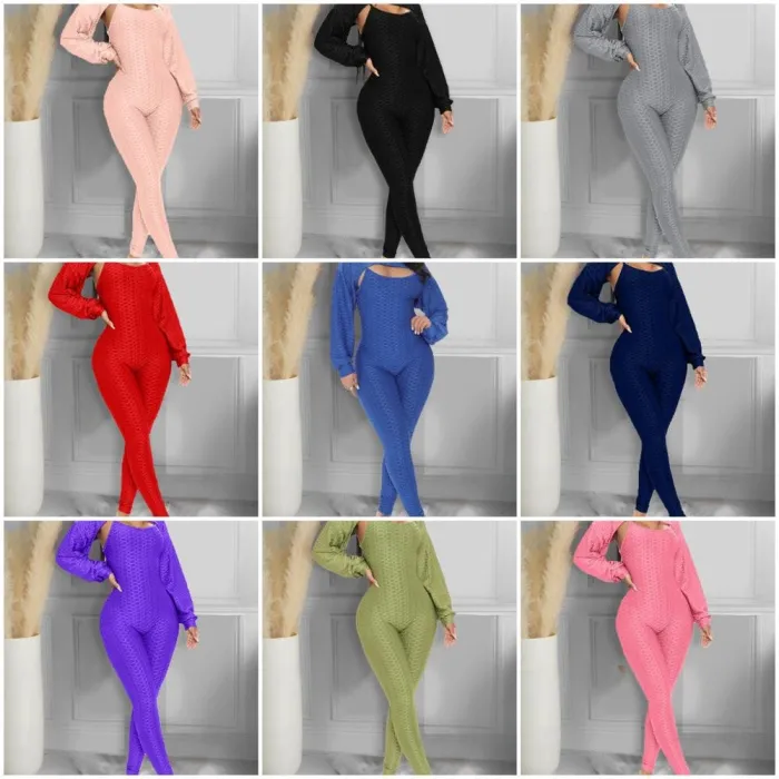 Elegant textured ribbed jumpsuit - long sleeve top - cut-out back - set