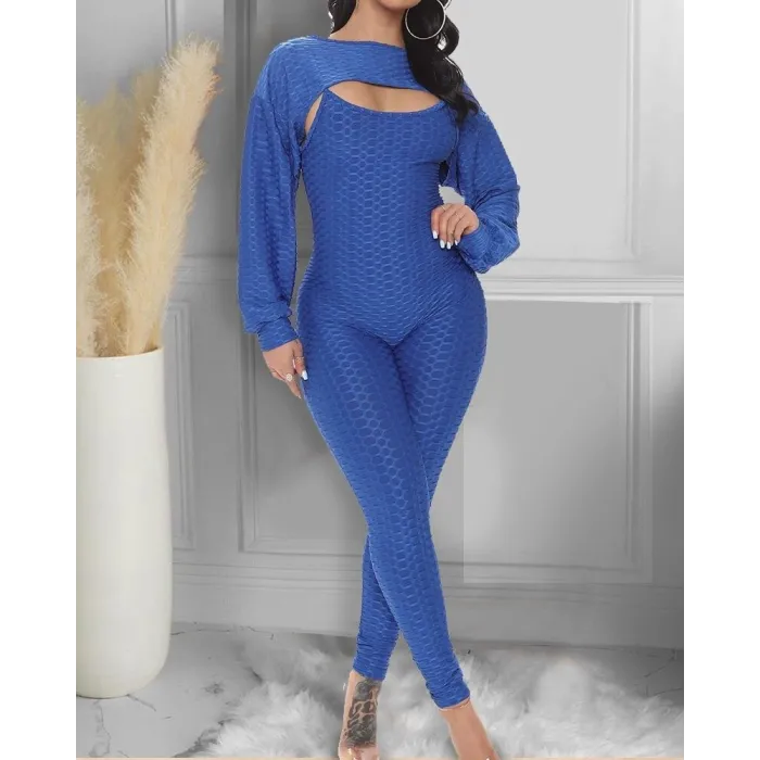 Elegant textured ribbed jumpsuit - long sleeve top - cut-out back - set