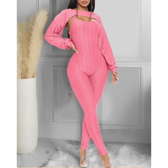 Elegant textured ribbed jumpsuit - long sleeve top - cut-out back - set