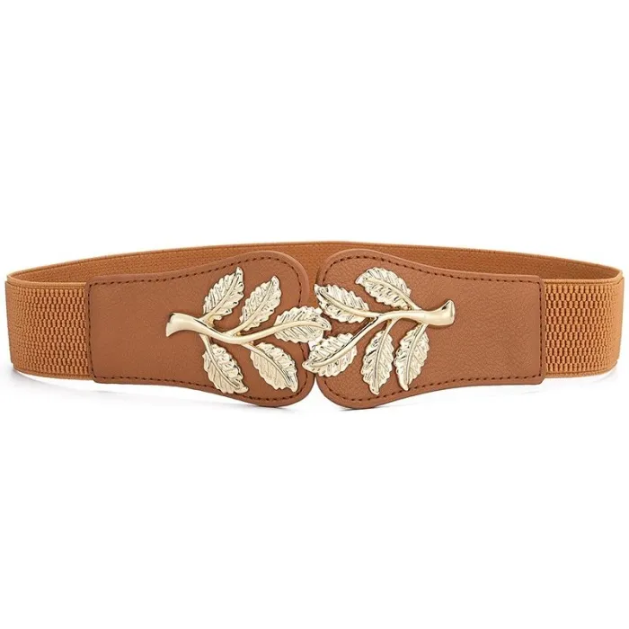 Fashionable elastic wide belt - leafs emblem buckleBelts
