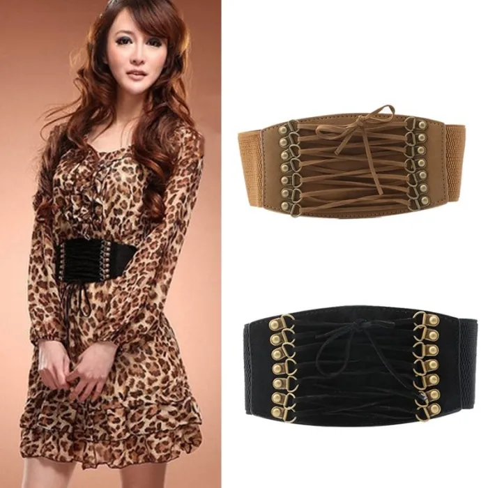 Retro belt - wide buckle and strings - elastic leather corset