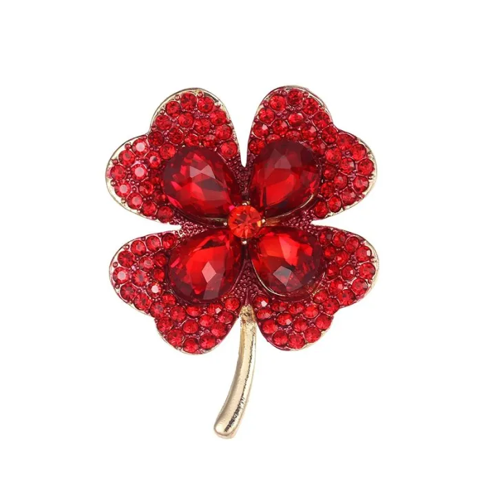 Green / red four leaf clover - crystal brooch