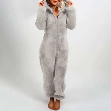 Plush romper with hoodie and zipper - winter pyjama