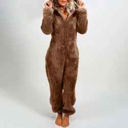 Plush romper with hoodie and zipper - winter pyjama