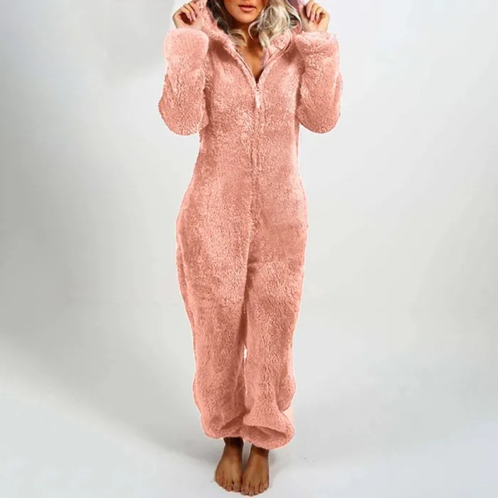 Plush romper with hoodie and zipper - winter pyjama