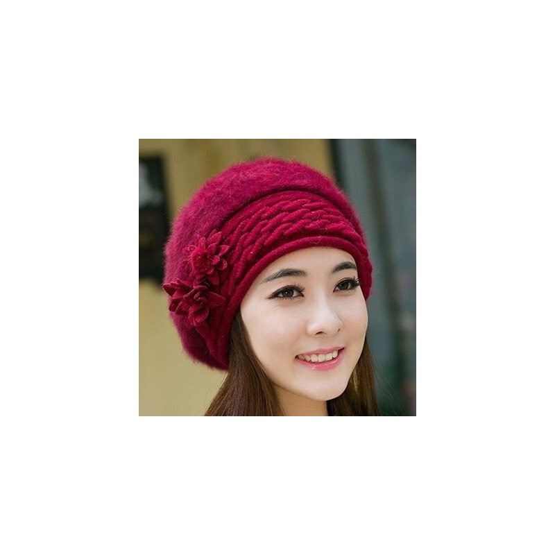 Knitted beret - a warm fur hat with decorative flowersHats & Caps
