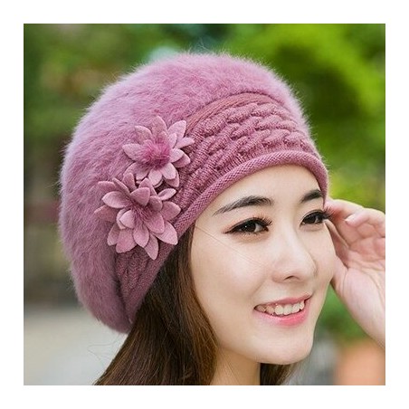 Knitted beret - a warm fur hat with decorative flowersHats & Caps