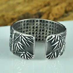 Buddhism sutra - bamboo leaves - ring - resizable - 925 sterling silver