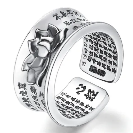Buddhism heart sutra & lotus - ring - resizable - 925 sterling silver