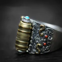 Buddhist mantra - ring - with colourful beads - resizable - 925 sterling silver