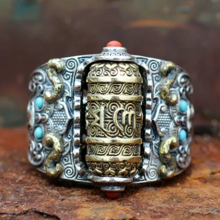 Buddhist mantra - ring - with colourful beads - resizable - 925 sterling silver