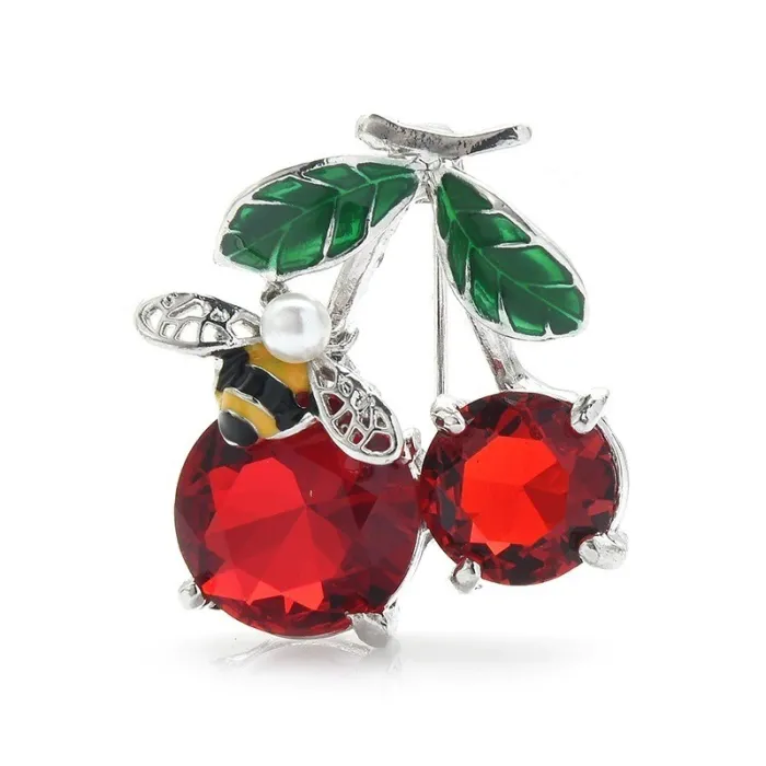 Double crystal cherries with a bee - brooch