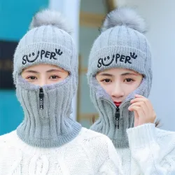 Winter hat with a pompom - balaclava with a zipper