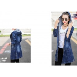 Trendy denim long jacket - with hood - zipper - pockets