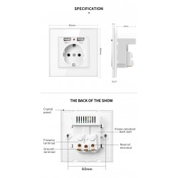 EU plug - power socket with dual USB charging ports - glass panelLighting fittings