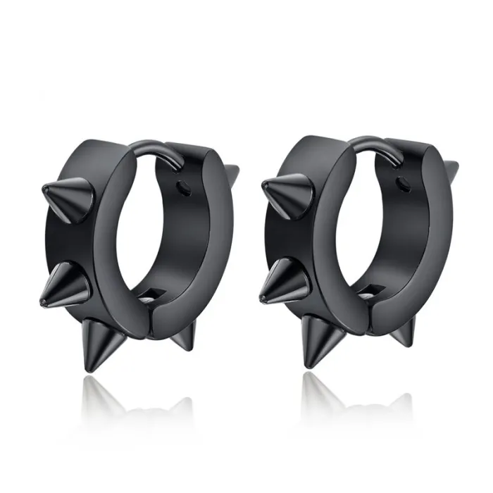 Hip Hop style small round earrings - with rivets - black / silver - unisex
