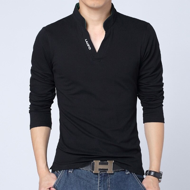 Classic elegant t-shirt - with mandarin collar - long sleeve - slim fit - cotton