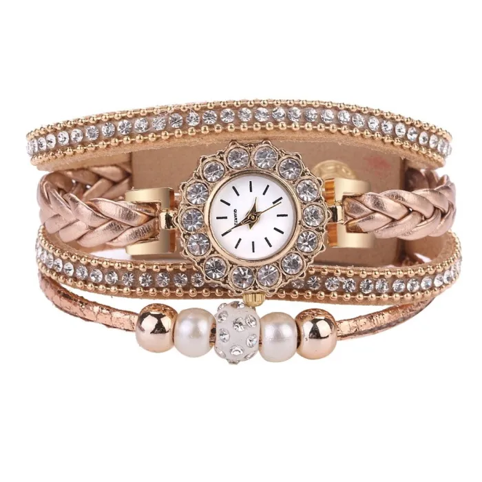 Multilayer bracelet with a round watch - crystals / beads