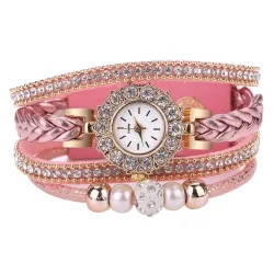 Multilayer bracelet with a round watch - crystals / beads