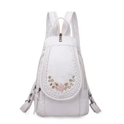 Fashionable leather backpack - cats / flowers print - white / black / pink