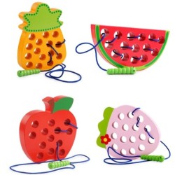 Montessori educational toy - wooden puzzle - worm eating fruit - apple / pear / watermelonWooden