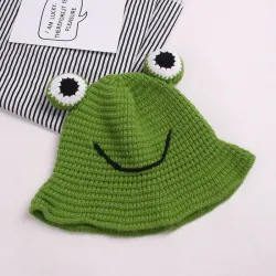 Warm knitted hat - bucket style - with toad's eyes