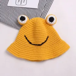 Warm knitted hat - bucket style - with toad's eyes