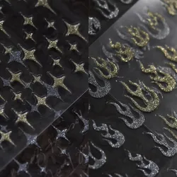 Nail stickers - gold / silver - flame / stars / white clouds