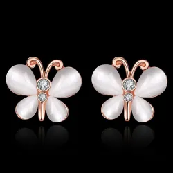 Rose gold stud earrings - with crystals / white opal - butterfly shapedEarrings