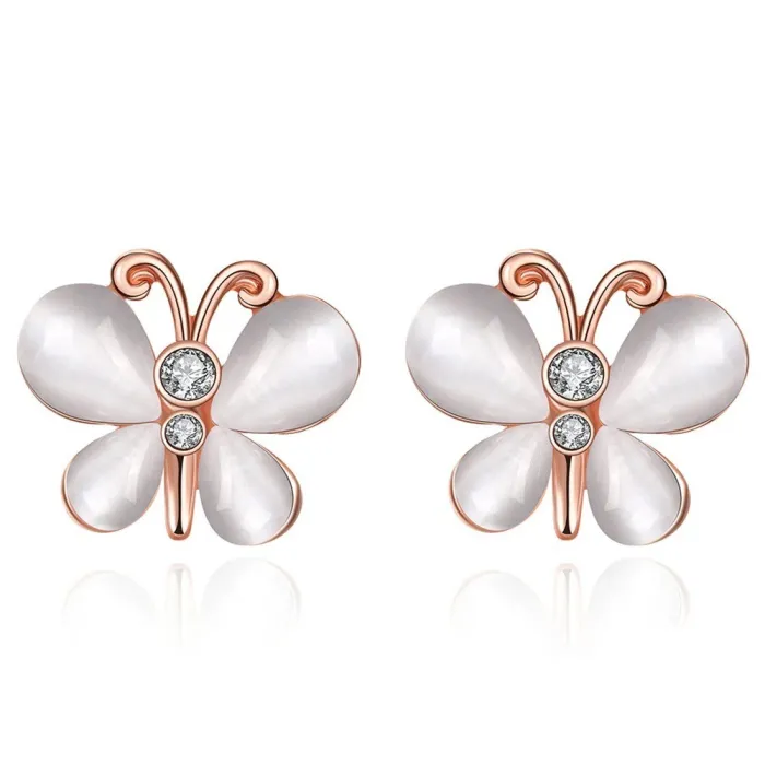 Rose gold stud earrings - with crystals / white opal - butterfly shapedEarrings