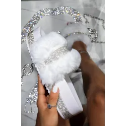 Luxurious fur slippers - with rhinestones - platform on the wedge - profiled insole