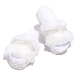 Luxurious fur slippers - with rhinestones - platform on the wedge - profiled insole