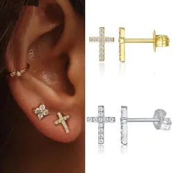 Små øredobber - med zirkon - geometrisk / kors / stjerne - 925 sterling sølv