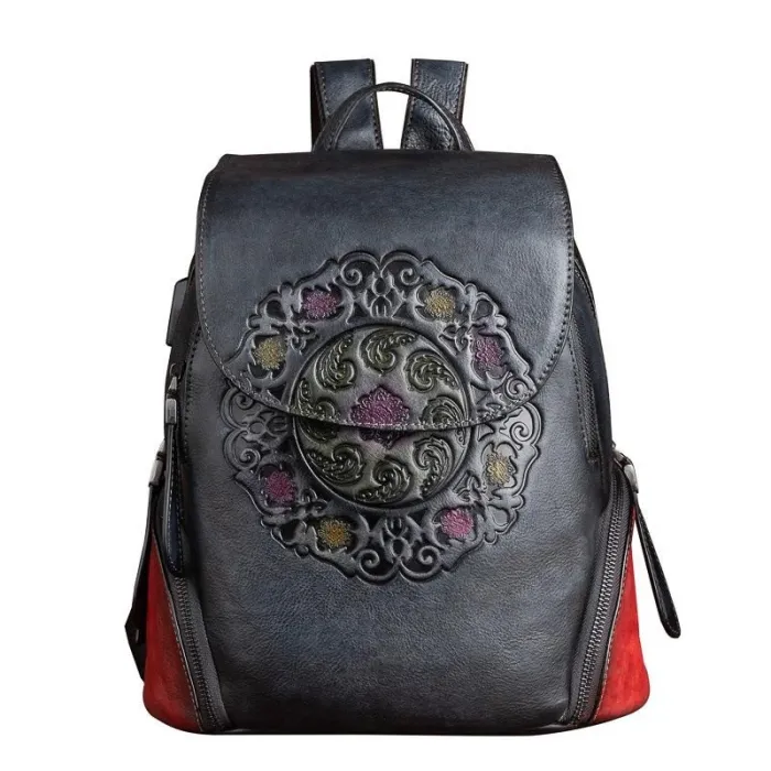 Women's retro backpack - floral embossing - genuine leather - large capacityBackpacks