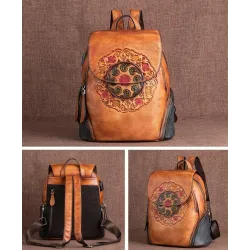 Women's retro backpack - floral embossing - genuine leather - large capacityBackpacks