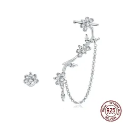 Floral stud earrings - asymmetric - with chain / crystals - 925 sterling silverEarrings