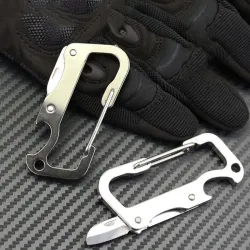 Multifunksjon minikniv - med flaskeåpner / karabinkrok - rustfritt stål