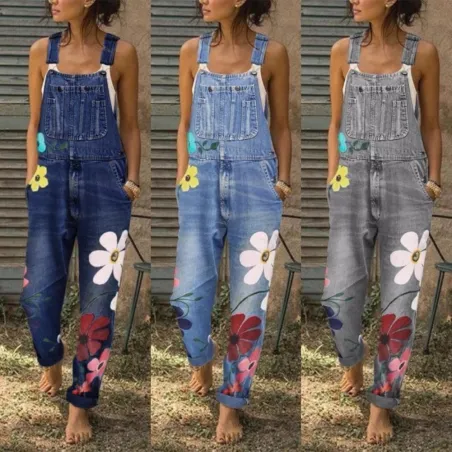 Sommer lang jumpsuit - jeans romper - blomster printet