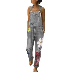 Sommer lang jumpsuit - jeans romper - blomster printet