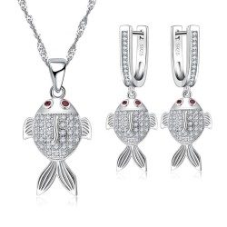 Stylish jewellery set - necklace - earrings - red eyed fish - 925 sterling silver - cubic zirconiaJewellery Sets