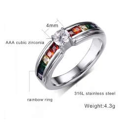 Fasjonabel ring - fargerik regnbue-zirkonia - unisex - rustfritt stål