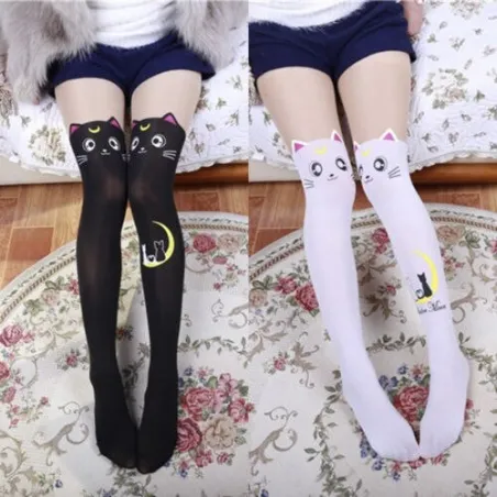 Nylon knesokker - kattedesign