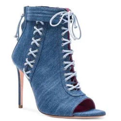 Denim høyhælte ankelsandaler - korte blå støvletter - kryssbundet - med glidelås