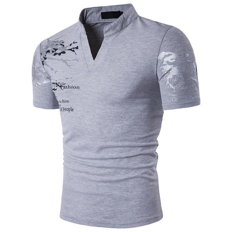 Fashionable short sleeve t-shirt - stand up open collar - printed sleevesT-shirts