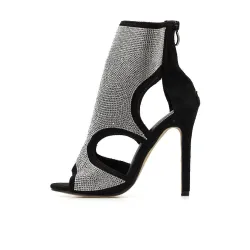 Sexy høyhælte sandaler - ankellange pumps - uthult - med rhinestones - glidelås bak